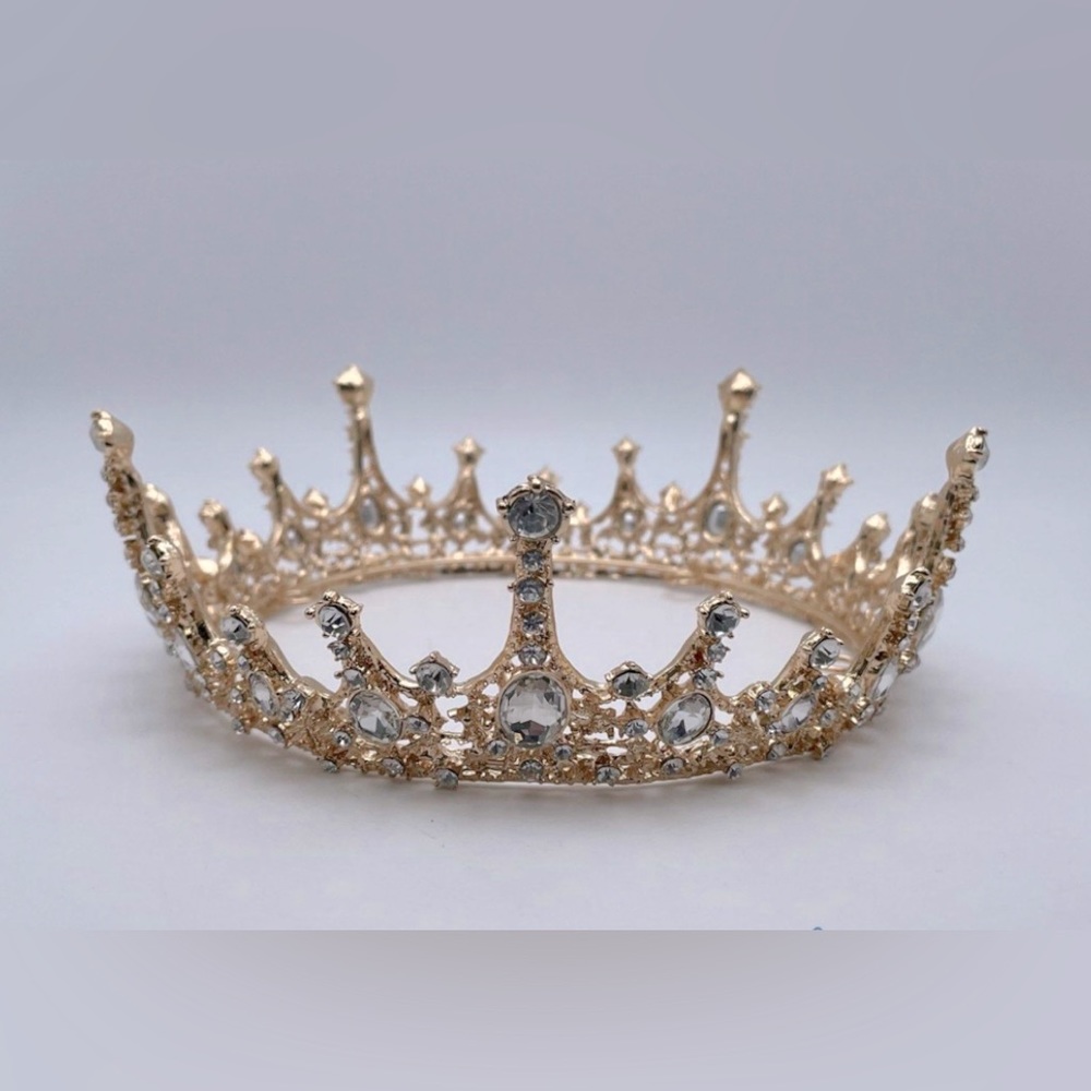Gold Tone White Rhinestones Tiara Crown